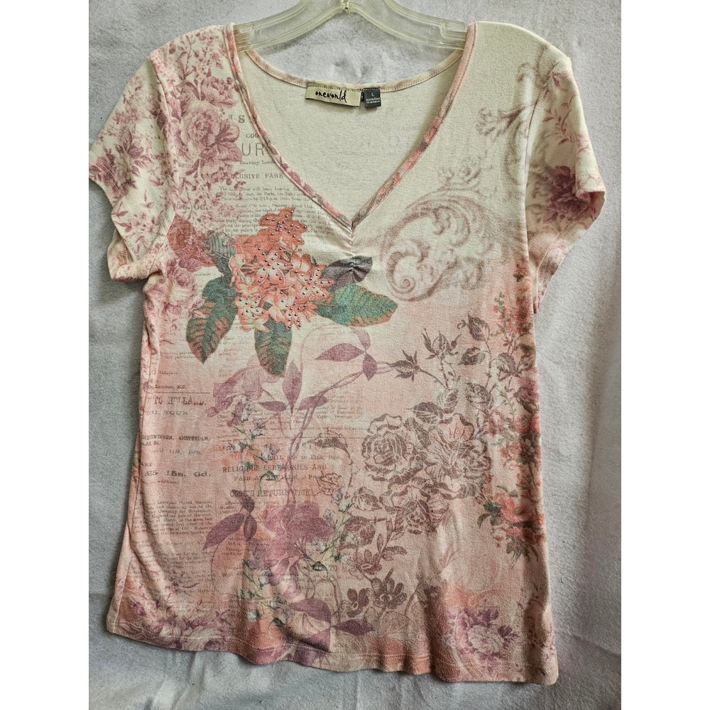 One World Womens V-Neck Floral Graphic T-Shirt Pink Cream Rhinestone Large 1004
